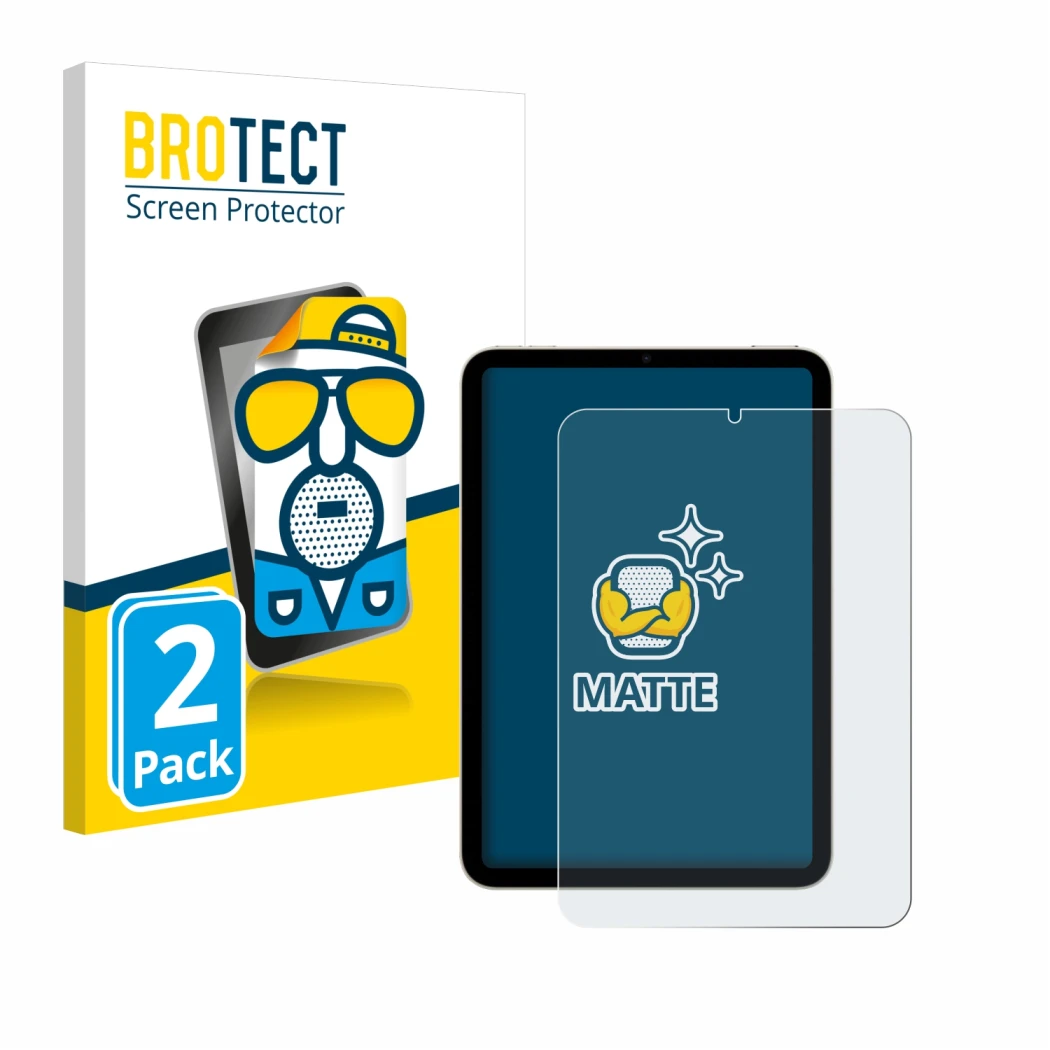 Parte frontal de un envase de producto con el logotipo de la marca BROTECT. Al lado se muestra el dispositivo Apple iPad Mini 