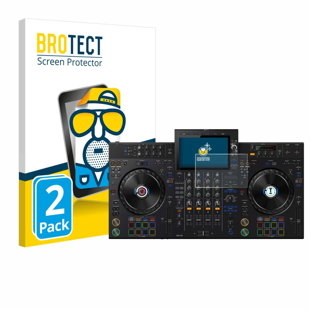 Parte frontal de un envase de producto con el logotipo de la marca BROTECT. Al lado se muestra el dispositivo AlphaTheta XDJ-A