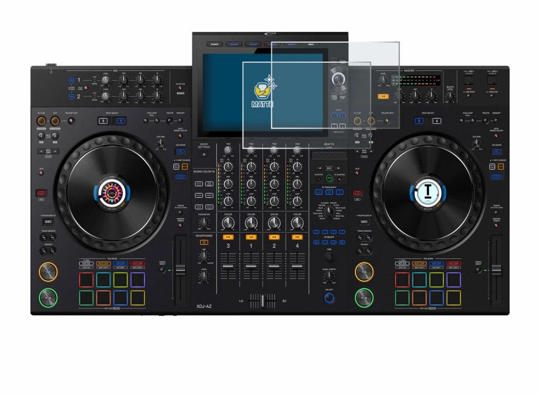 Imagen del dispositivo AlphaTheta XDJ-AZ con una amplia variedad de protectores de pantalla.