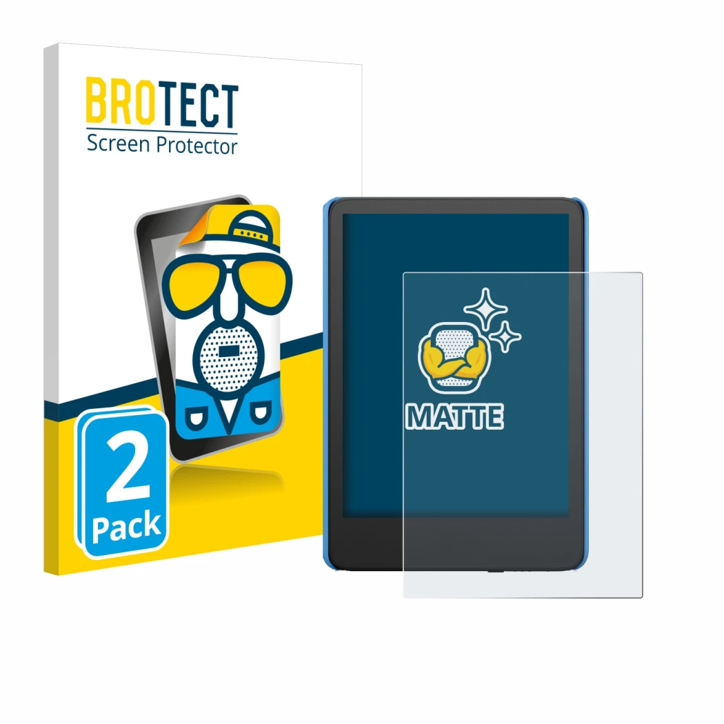 Parte frontal de un envase de producto con el logotipo de la marca BROTECT. Al lado se muestra el dispositivo Amazon Kindle Ki