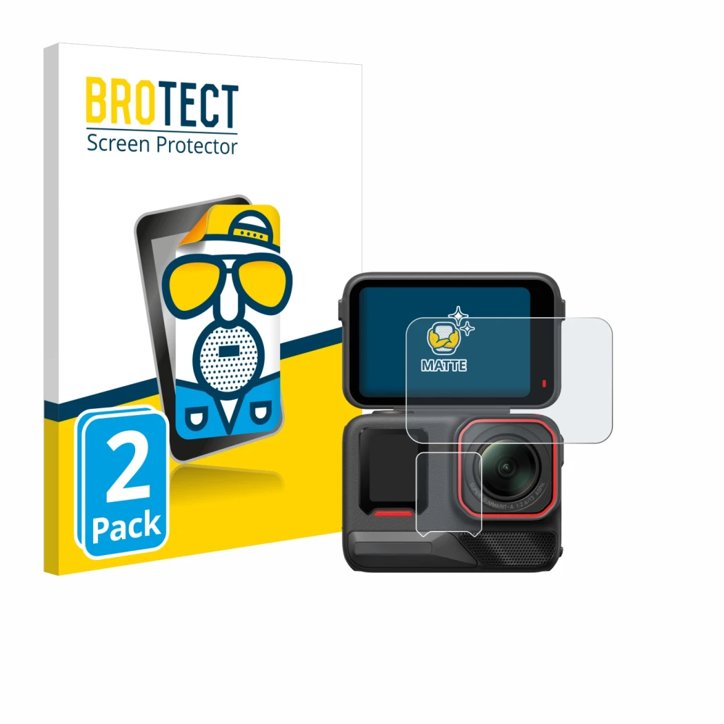 Parte frontal de un envase de producto con el logotipo de la marca BROTECT. Al lado se muestra el dispositivo Insta360 Ace Pro