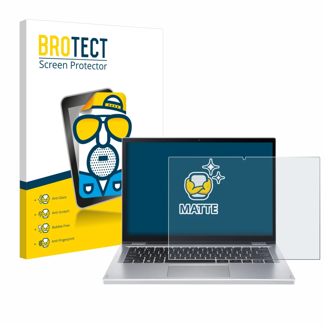 Parte frontal de un envase de producto con el logotipo de la marca BROTECT. Al lado se muestra el dispositivo Acer Aspire 3 Sp