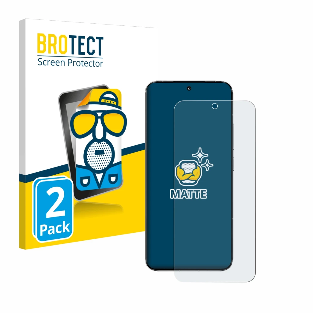 Parte frontal de un envase de producto con el logotipo de la marca BROTECT. Al lado se muestra el dispositivo Xiaomi 15 con su