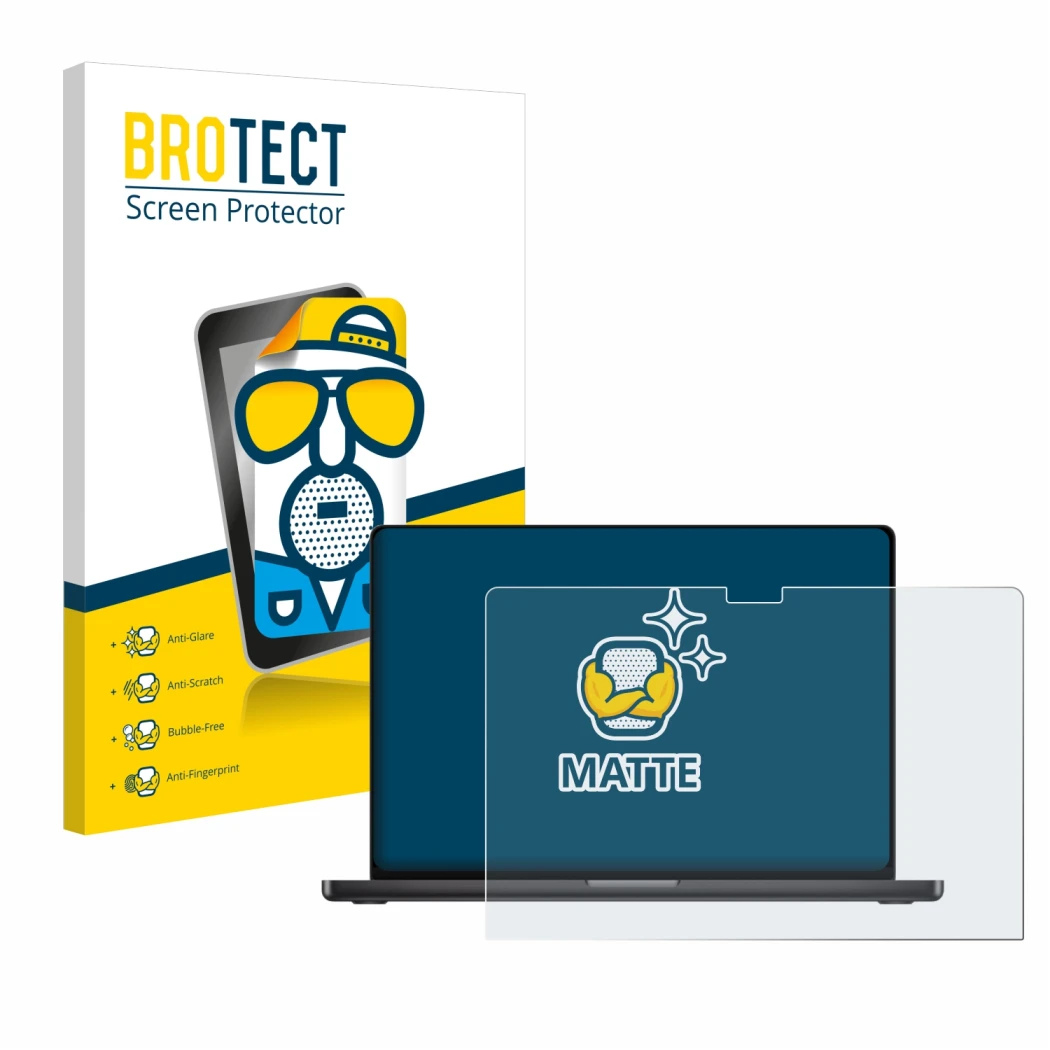 Parte frontal de un envase de producto con el logotipo de la marca BROTECT. Al lado se muestra el dispositivo Apple MacBook Pr