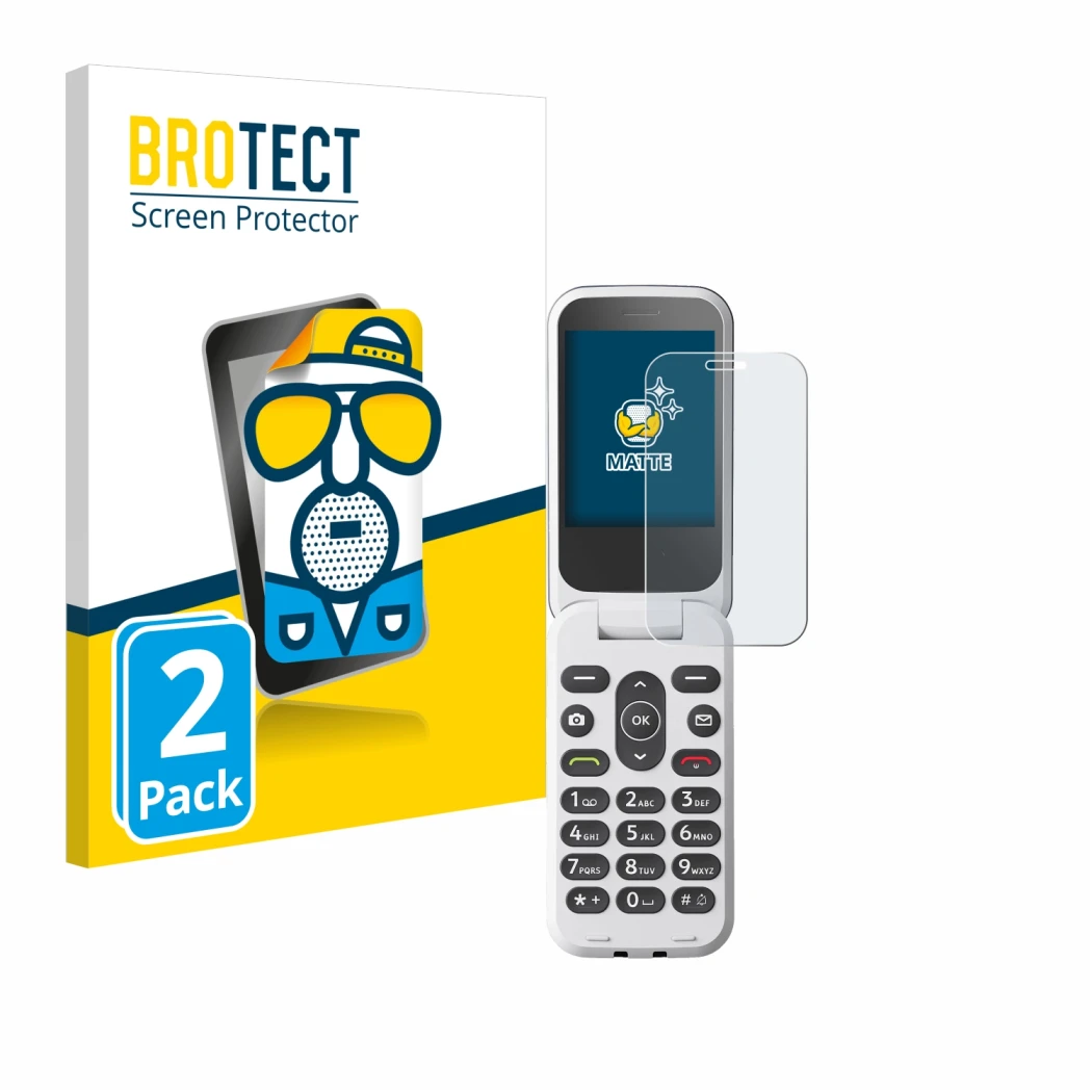 Parte frontal de un envase de producto con el logotipo de la marca BROTECT. Al lado se muestra el dispositivo Doro 2820 con su