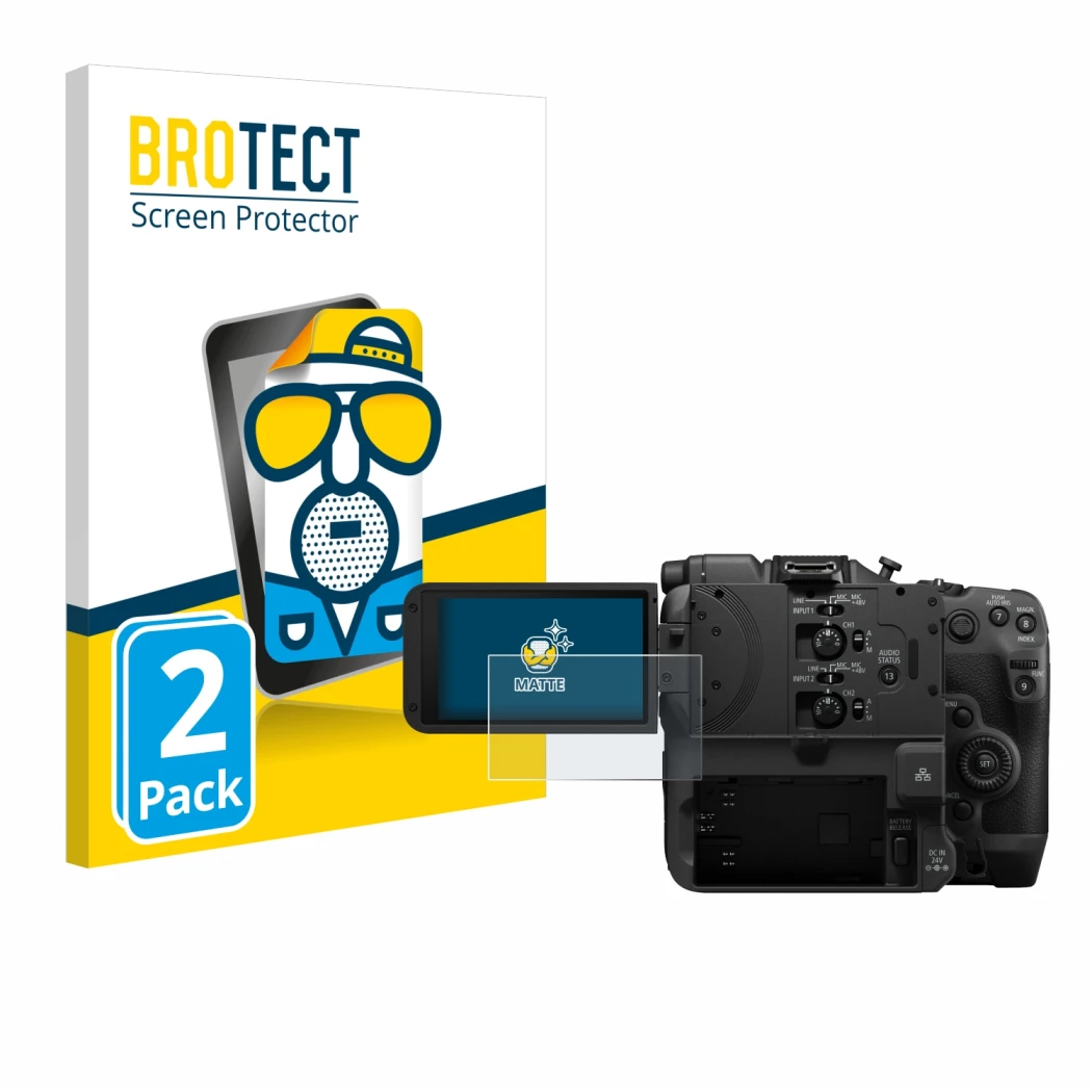 Parte frontal de un envase de producto con el logotipo de la marca BROTECT. Al lado se muestra el dispositivo Canon EOS C400 c