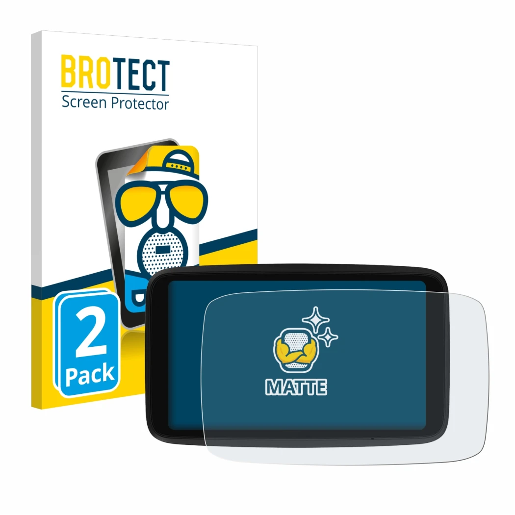 Parte frontal de un envase de producto con el logotipo de la marca BROTECT. Al lado se muestra el dispositivo TomTom GO Advanc