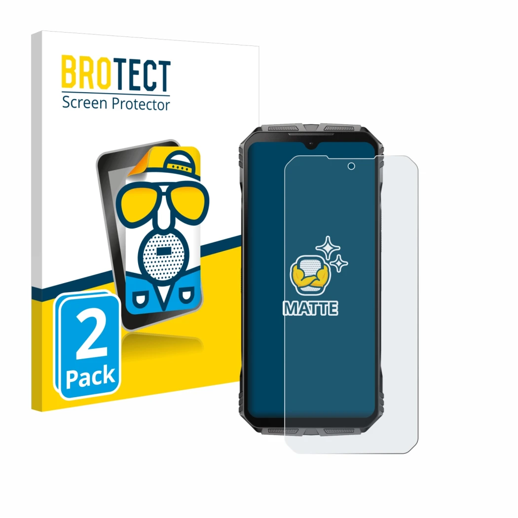 Parte frontal de un envase de producto con el logotipo de la marca BROTECT. Al lado se muestra el dispositivo Doogee S Cyber c