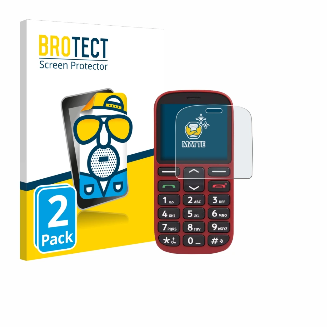 Parte frontal de un envase de producto con el logotipo de la marca BROTECT. Al lado se muestra el dispositivo Doro 1360 con su