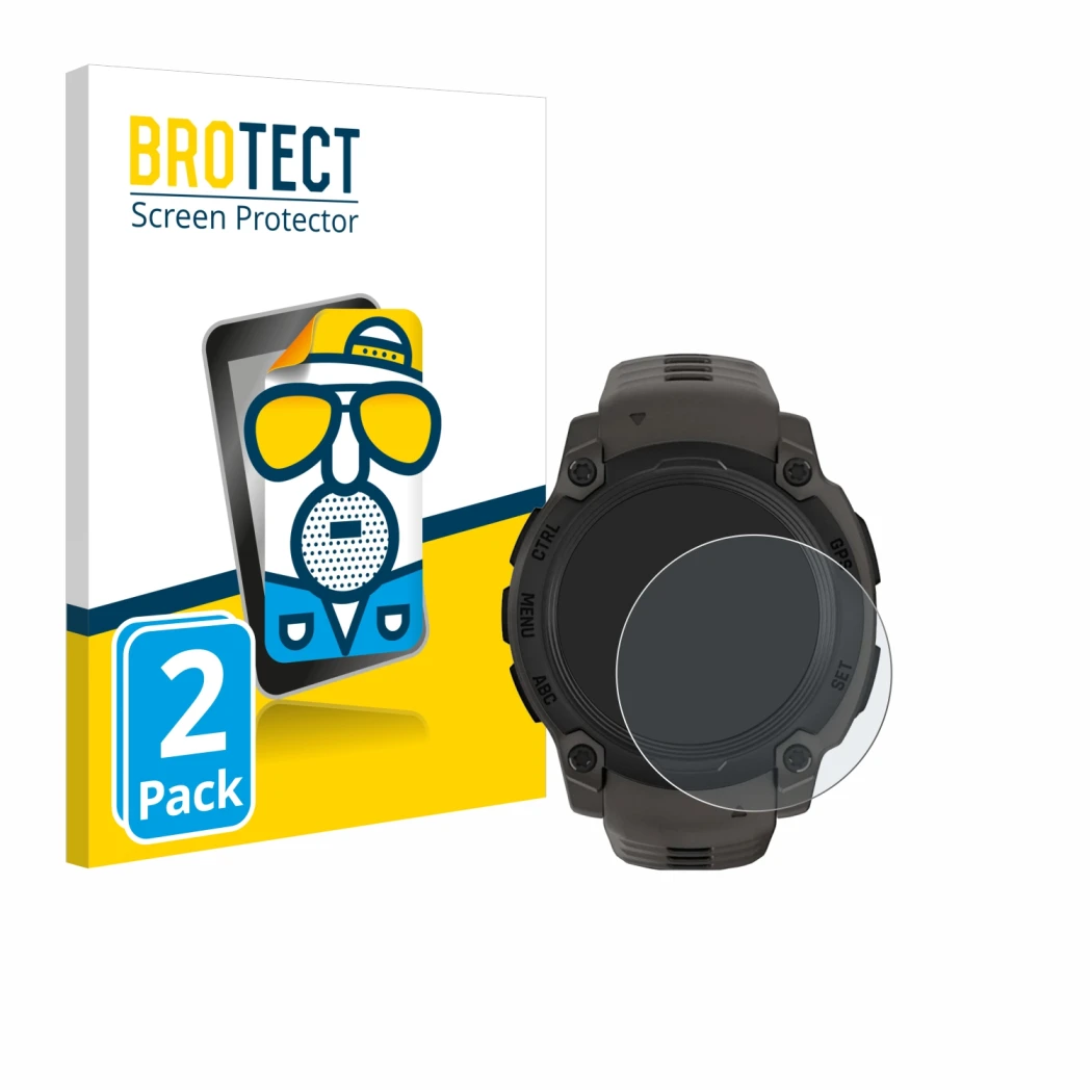 Parte frontal de un envase de producto con el logotipo de la marca BROTECT. Al lado se muestra el dispositivo Garmin Instinct