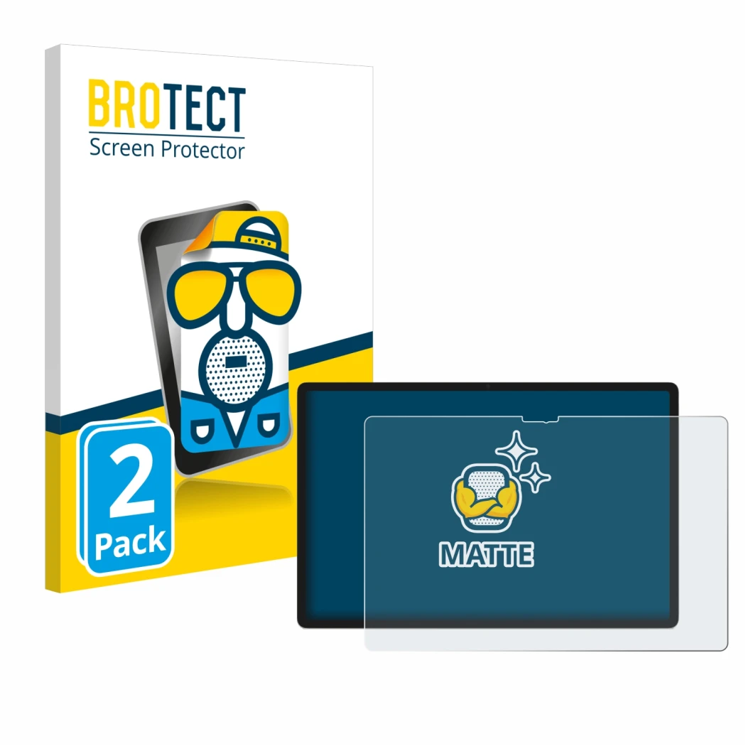 Parte frontal de un envase de producto con el logotipo de la marca BROTECT. Al lado se muestra el dispositivo Lenovo Yoga Tab 