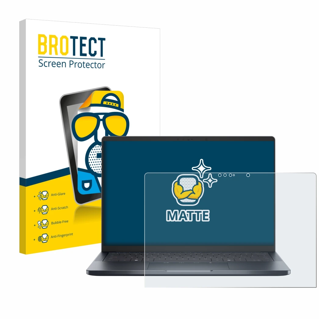 Parte frontal de un envase de producto con el logotipo de la marca BROTECT. Al lado se muestra el dispositivo Dell Pro 14 Prem