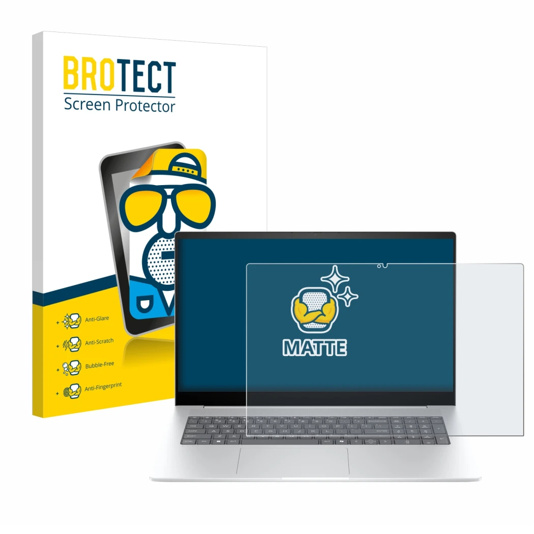 Parte frontal de un envase de producto con el logotipo de la marca BROTECT. Al lado se muestra el dispositivo HP Envy 17-da077