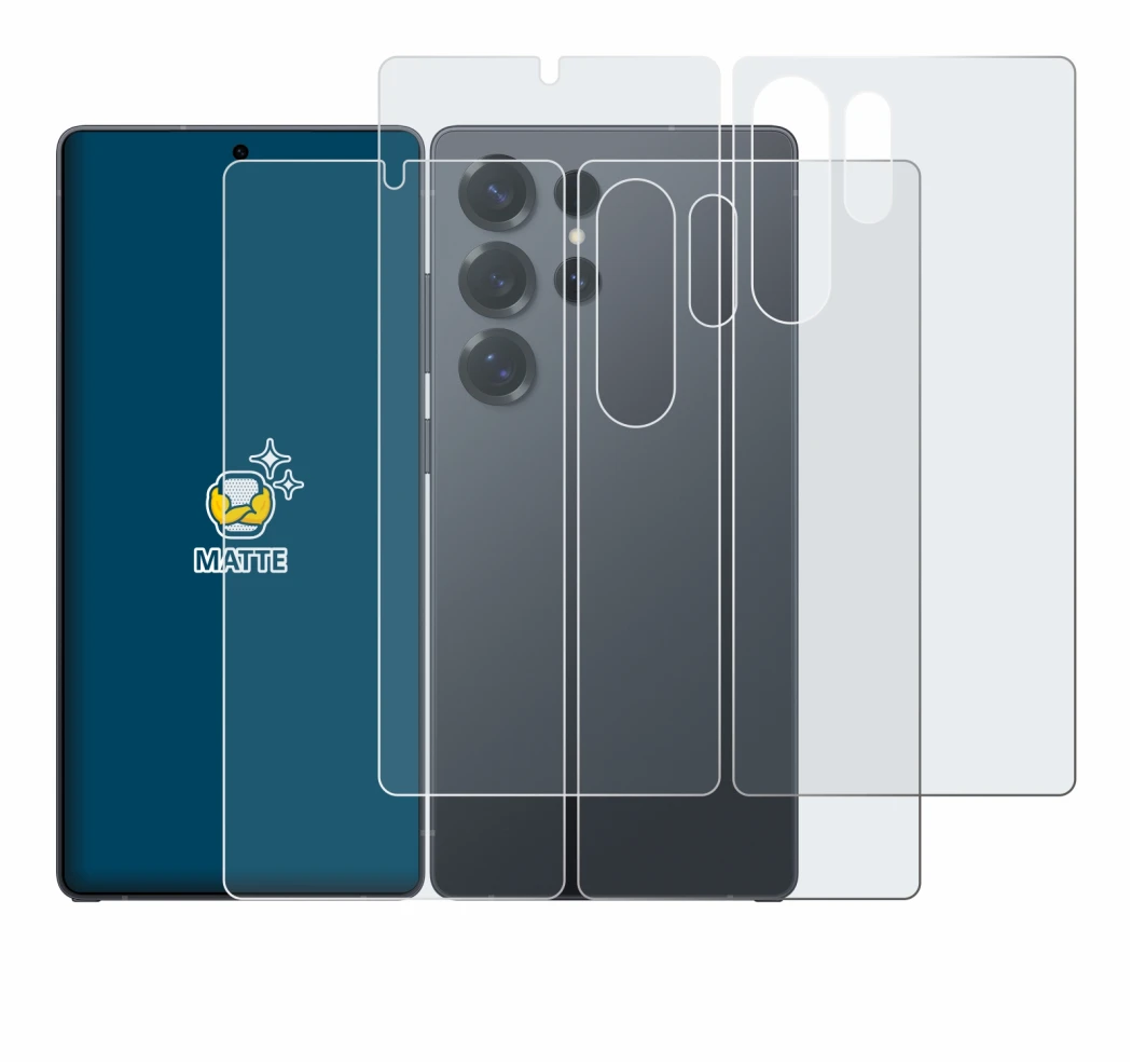 Imagen del dispositivo Samsung Galaxy S25 Ultra (Frontal+Trasero) con una amplia variedad de protectores de pantalla.