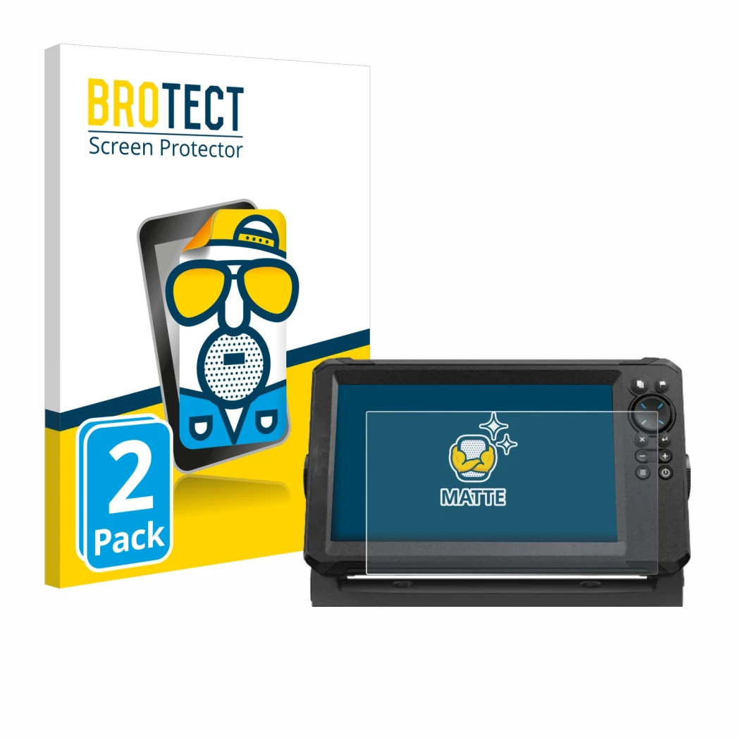 Parte frontal de un envase de producto con el logotipo de la marca BROTECT. Al lado se muestra el dispositivo Lowrance Eagle 9