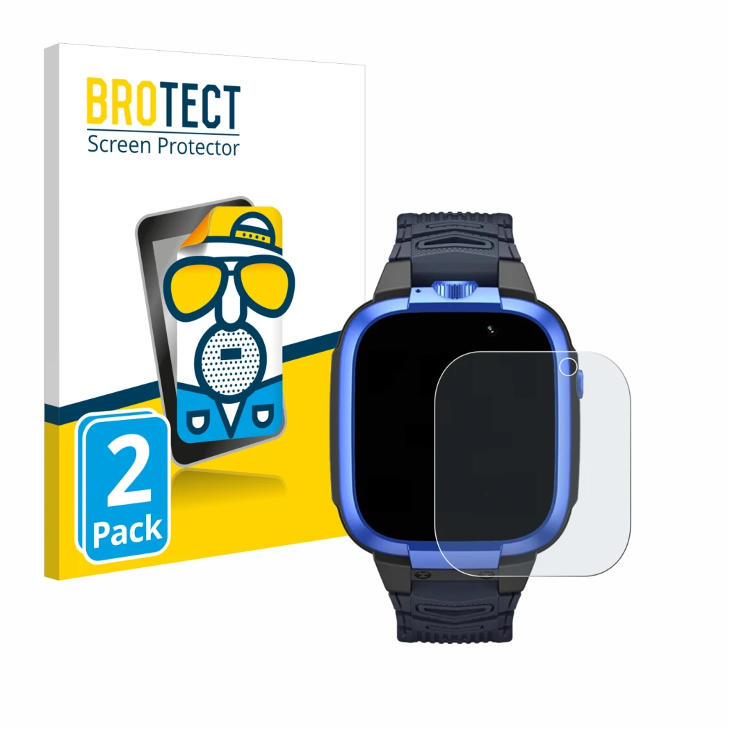 Parte frontal de un envase de producto con el logotipo de la marca BROTECT. Al lado se muestra el dispositivo Xiaomi Mibro Kid