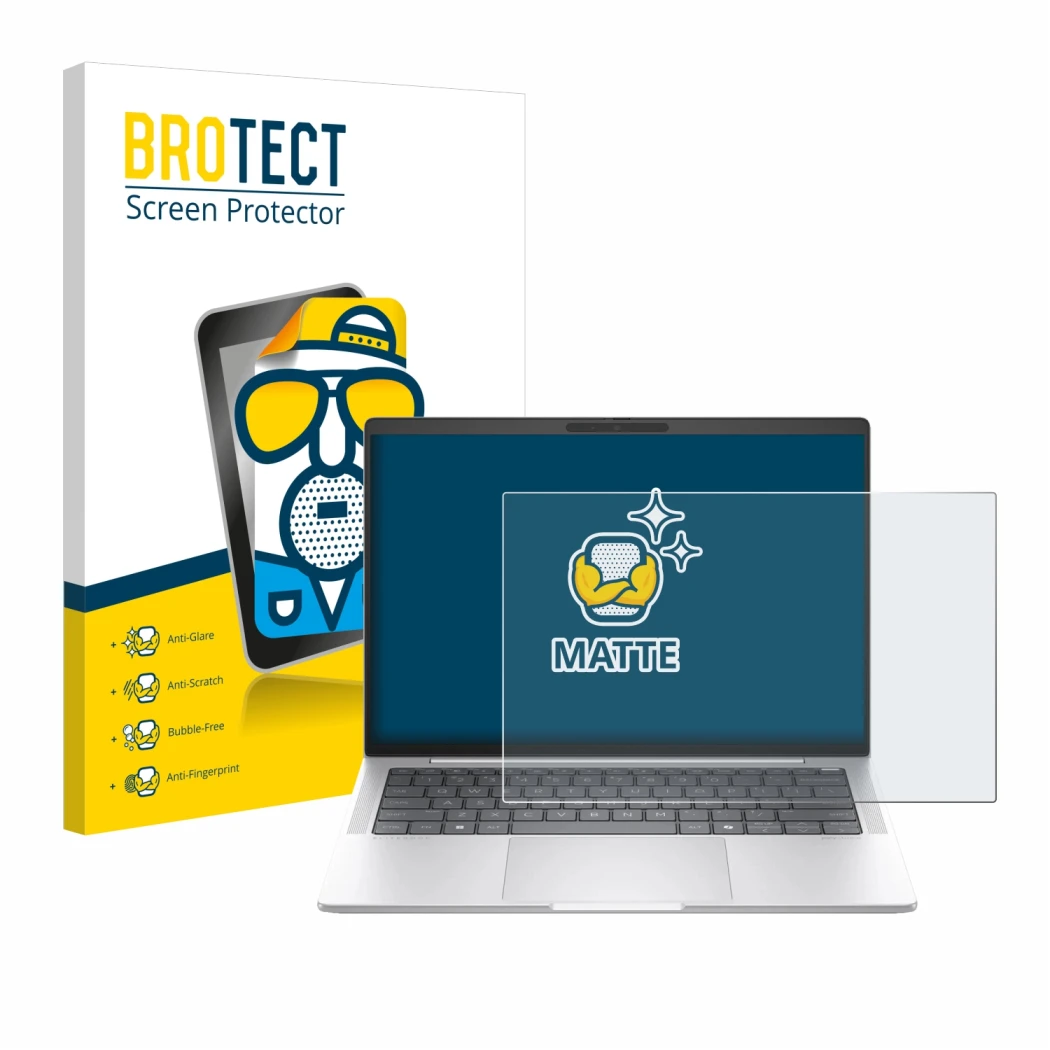 Parte frontal de un envase de producto con el logotipo de la marca BROTECT. Al lado se muestra el dispositivo HP EliteBook 104