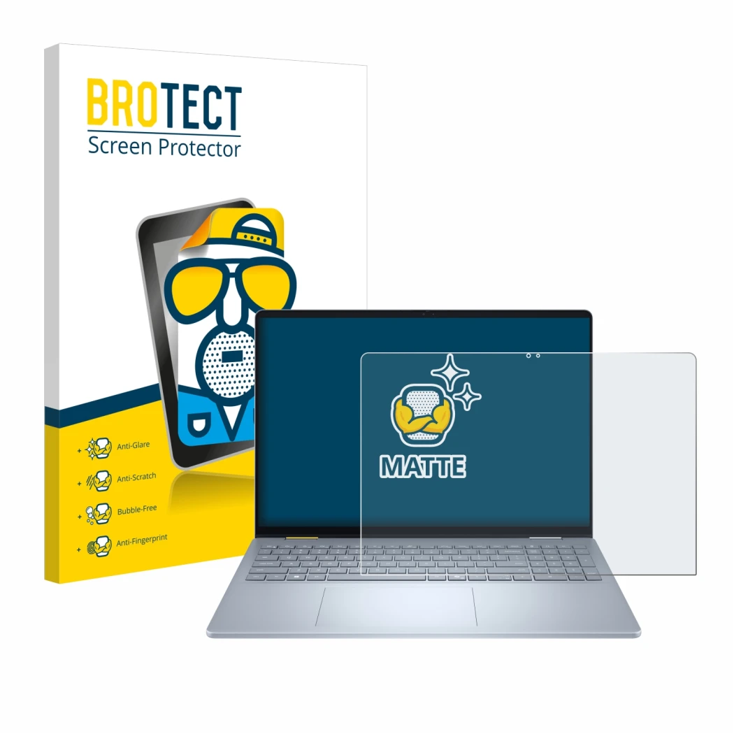 Parte frontal de un envase de producto con el logotipo de la marca BROTECT. Al lado se muestra el dispositivo Dell 16 Plus-2-i