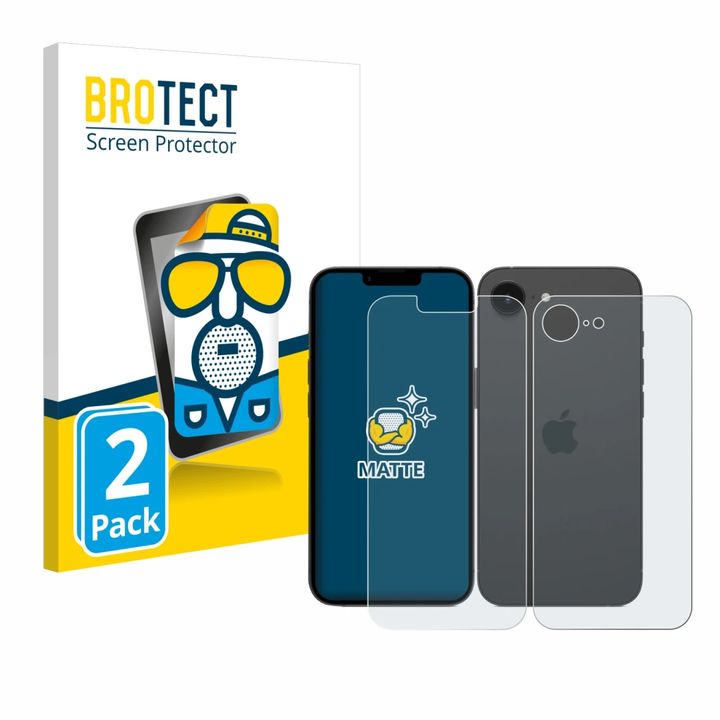 Parte frontal de un envase de producto con el logotipo de la marca BROTECT. Al lado se muestra el dispositivo Apple iPhone 16e