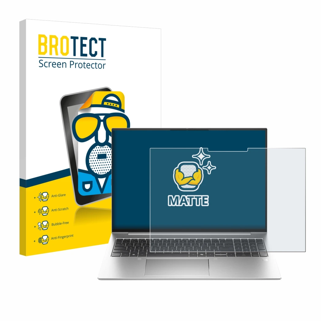 Parte frontal de un envase de producto con el logotipo de la marca BROTECT. Al lado se muestra el dispositivo HP EliteBook 835