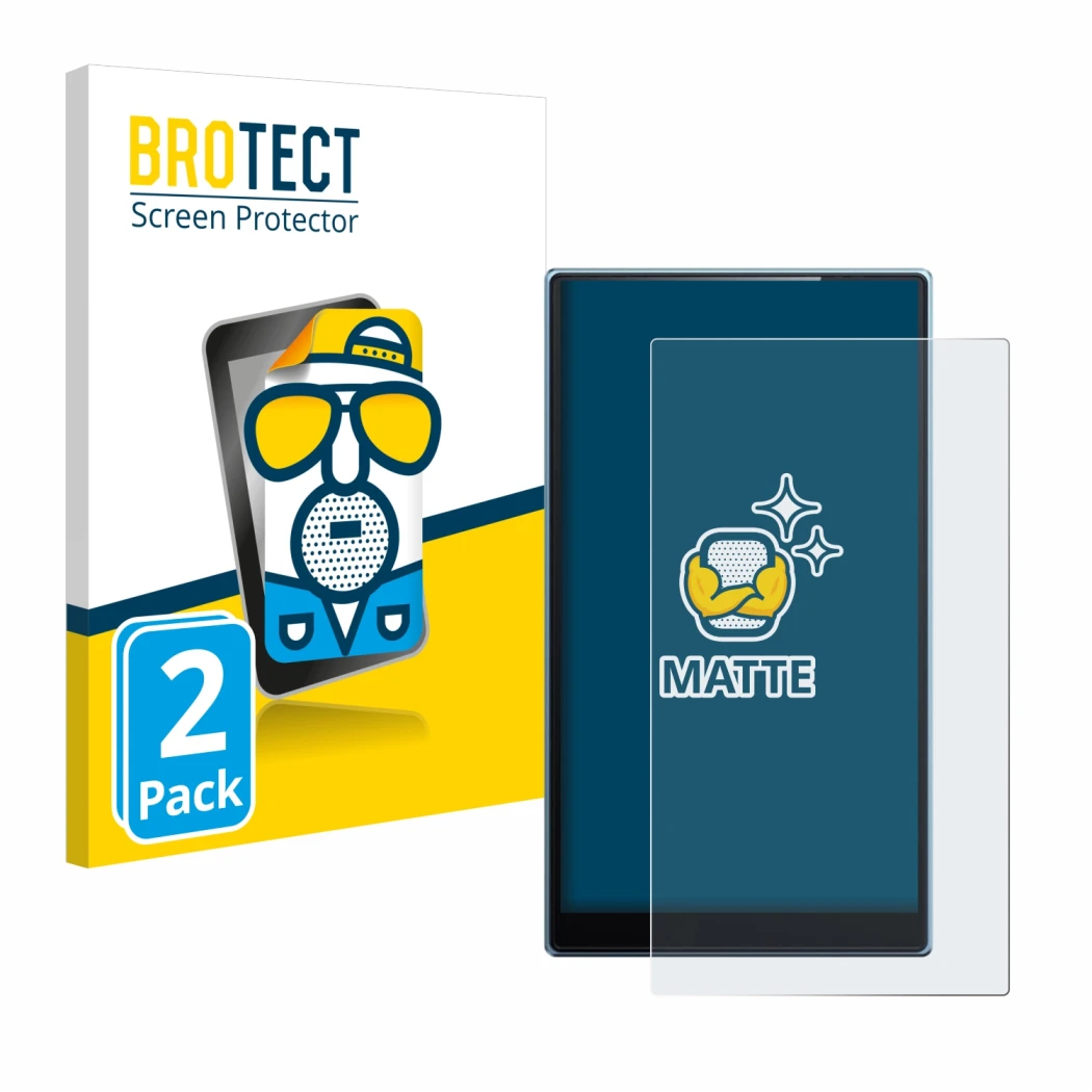 Parte frontal de un envase de producto con el logotipo de la marca BROTECT. Al lado se muestra el dispositivo FiiO JM21 con su