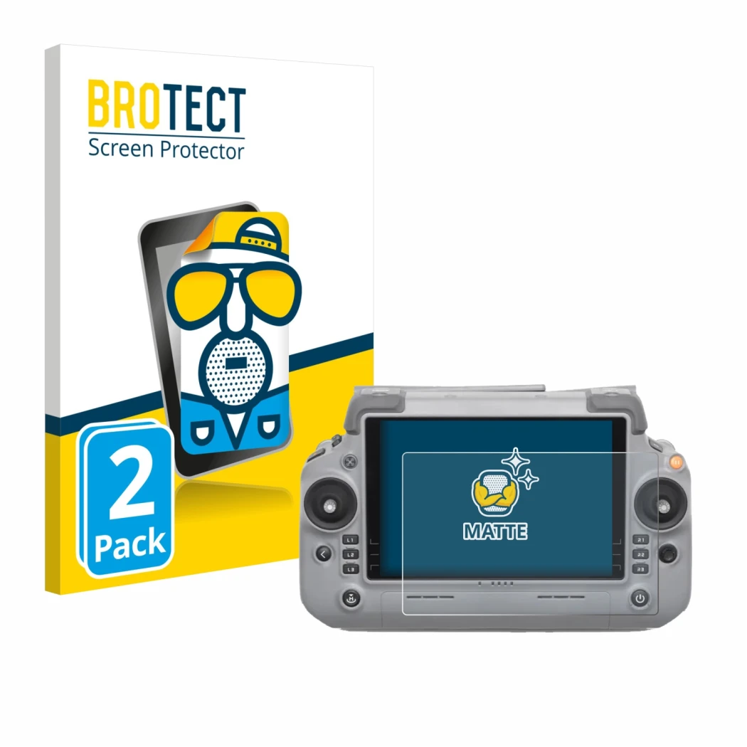 Parte frontal de un envase de producto con el logotipo de la marca BROTECT. Al lado se muestra el dispositivo DJI RC Plus 2 co