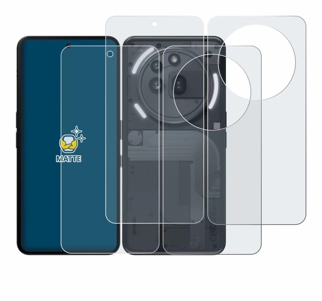 Imagen del dispositivo Nothing Phone (3a) Pro (Frontal+Trasero) con una amplia variedad de protectores de pantalla.