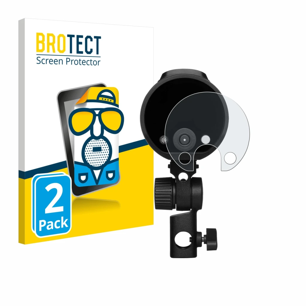 Parte frontal de un envase de producto con el logotipo de la marca BROTECT. Al lado se muestra el dispositivo Profoto A2 con s