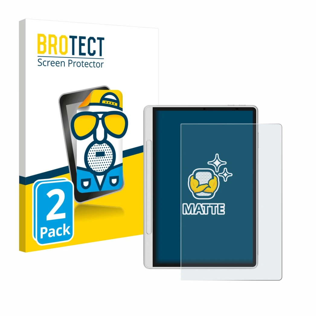 Parte frontal de un envase de producto con el logotipo de la marca BROTECT. Al lado se muestra el dispositivo XP-Pen Magic Not