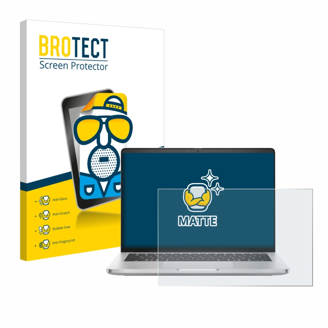 Parte frontal de un envase de producto con el logotipo de la marca BROTECT. Al lado se muestra el dispositivo Dell Pro 14 Plus