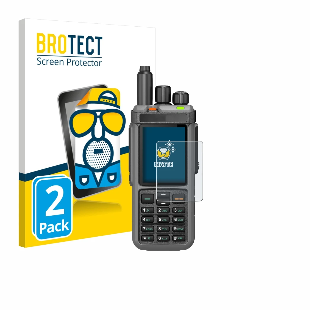 Parte frontal de un envase de producto con el logotipo de la marca BROTECT. Al lado se muestra el dispositivo Radtel RT-880 co