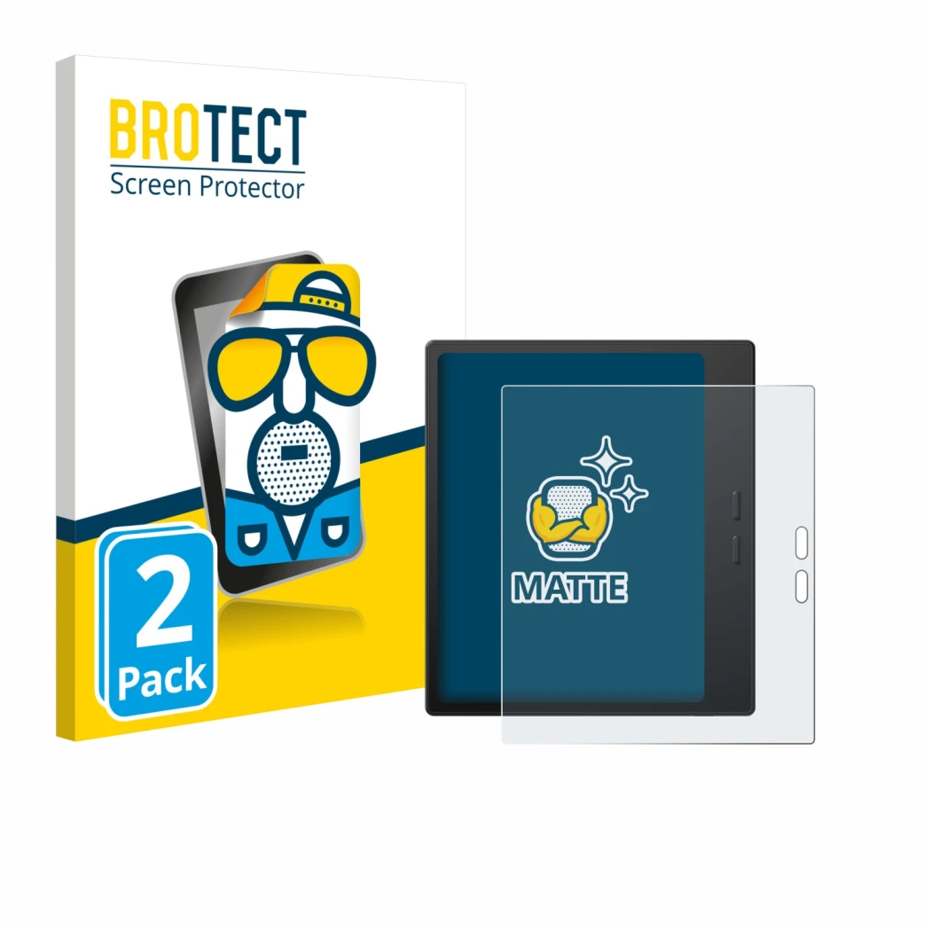 Parte frontal de un envase de producto con el logotipo de la marca BROTECT. Al lado se muestra el dispositivo Boox Go 7 con su