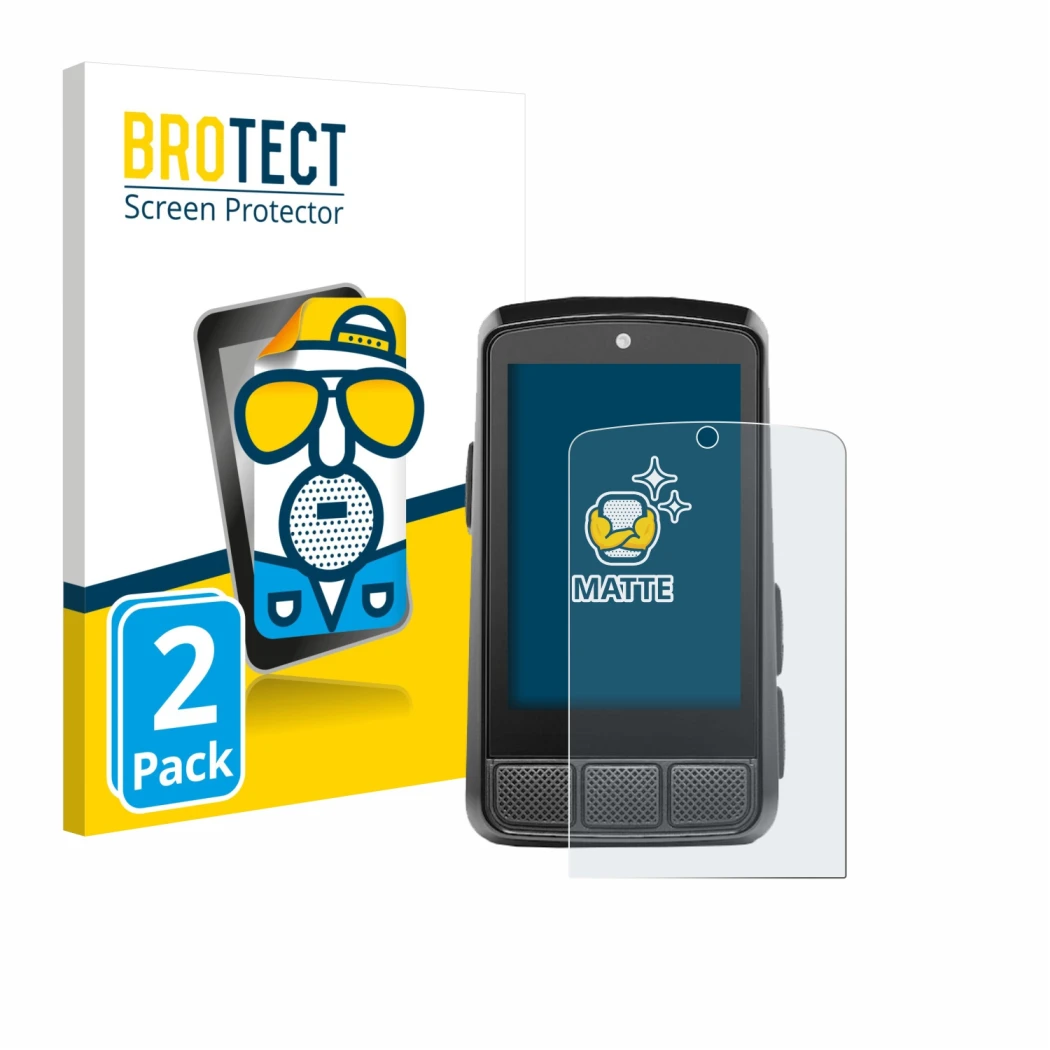 Parte frontal de un envase de producto con el logotipo de la marca BROTECT. Al lado se muestra el dispositivo Wahoo Elemnt Bol
