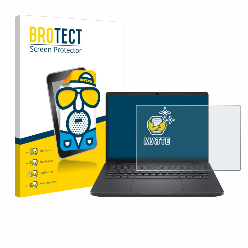 Parte frontal de un envase de producto con el logotipo de la marca BROTECT. Al lado se muestra el dispositivo Dell Pro Max 14 