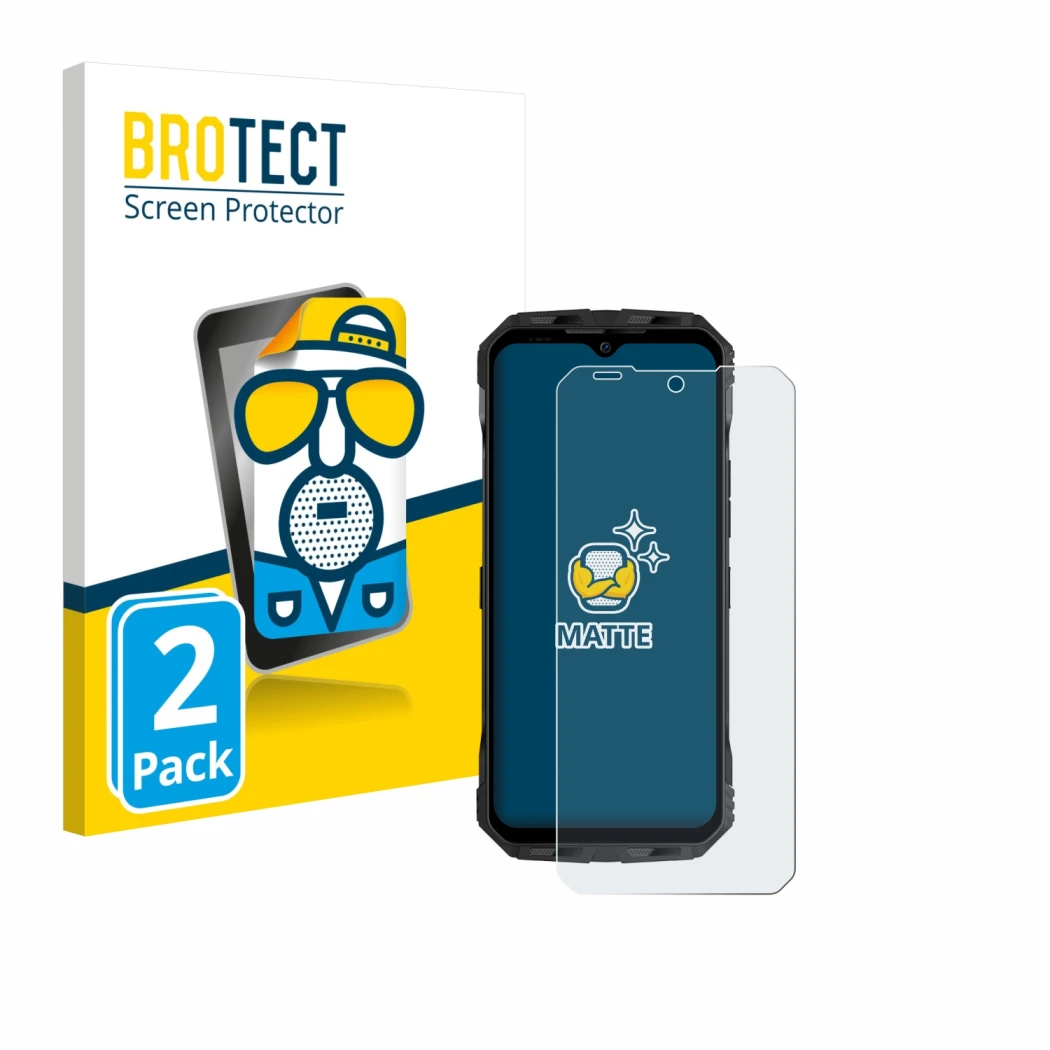 Parte frontal de un envase de producto con el logotipo de la marca BROTECT. Al lado se muestra el dispositivo Doogee V Max S c