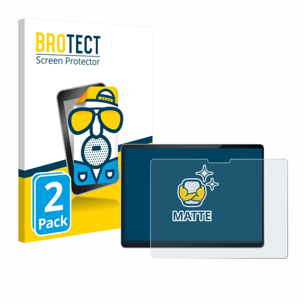 Parte frontal de un envase de producto con el logotipo de la marca BROTECT. Al lado se muestra el dispositivo Microsoft Surfac