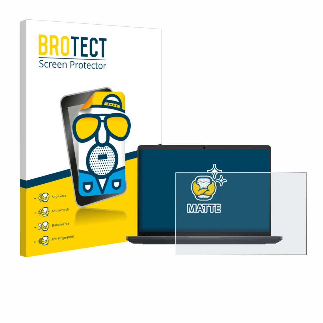 Parte frontal de un envase de producto con el logotipo de la marca BROTECT. Al lado se muestra el dispositivo Dell Pro Max 16
