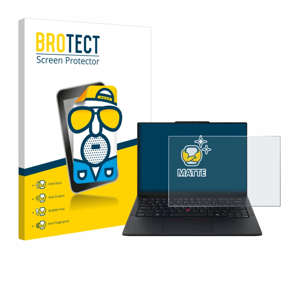 Parte frontal de un envase de producto con el logotipo de la marca BROTECT. Al lado se muestra el dispositivo Lenovo ThinkPad 