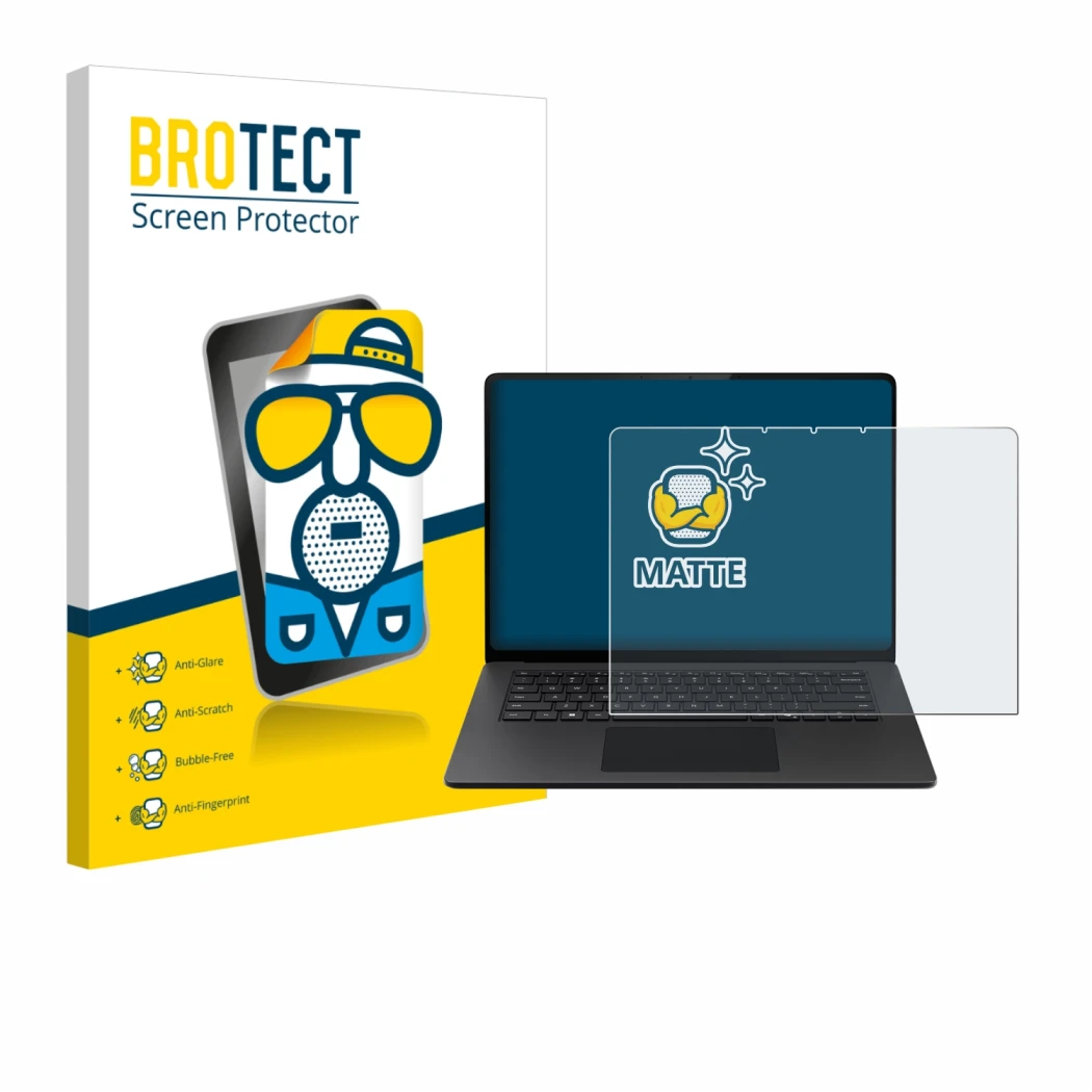 Parte frontal de un envase de producto con el logotipo de la marca BROTECT. Al lado se muestra el dispositivo Microsoft Surfac