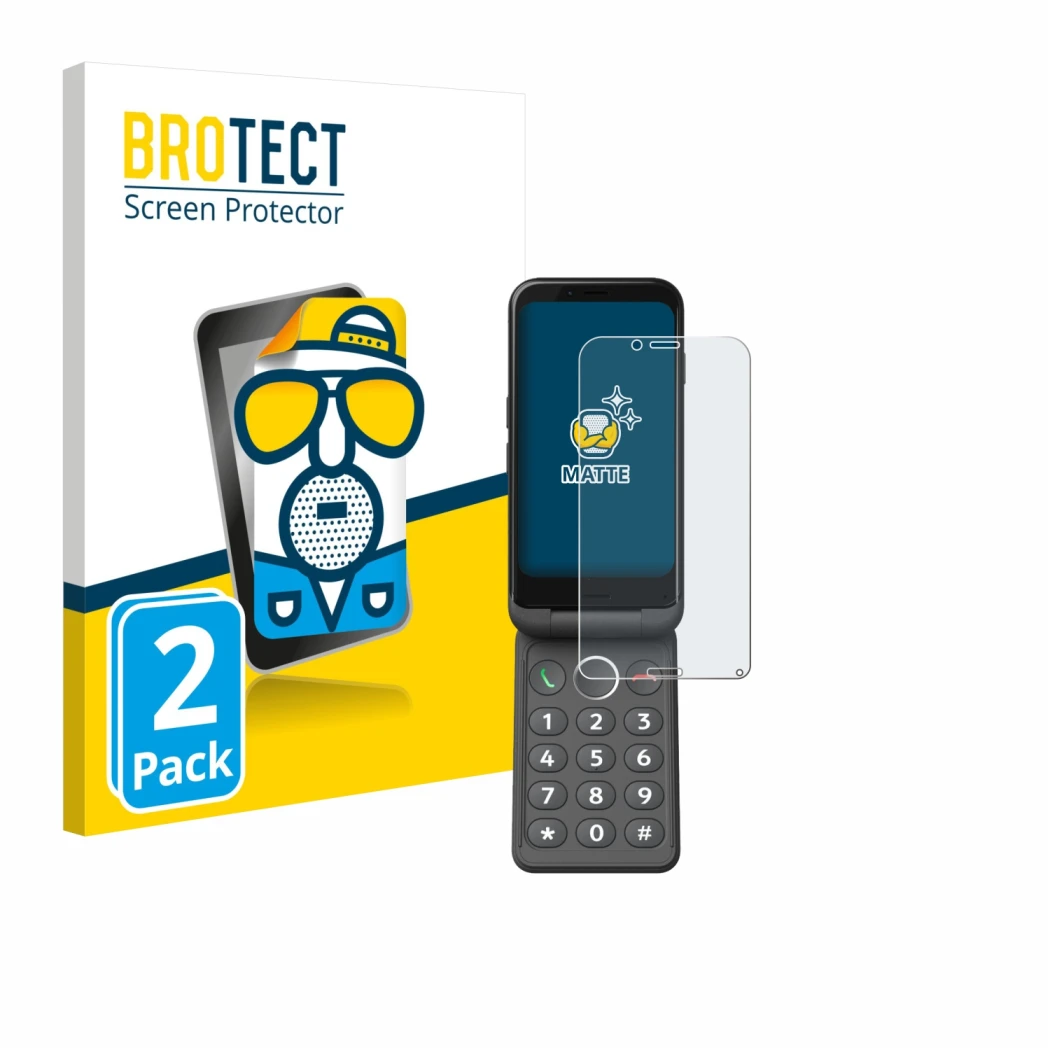 Parte frontal de un envase de producto con el logotipo de la marca BROTECT. Al lado se muestra el dispositivo Doro Aurora A20