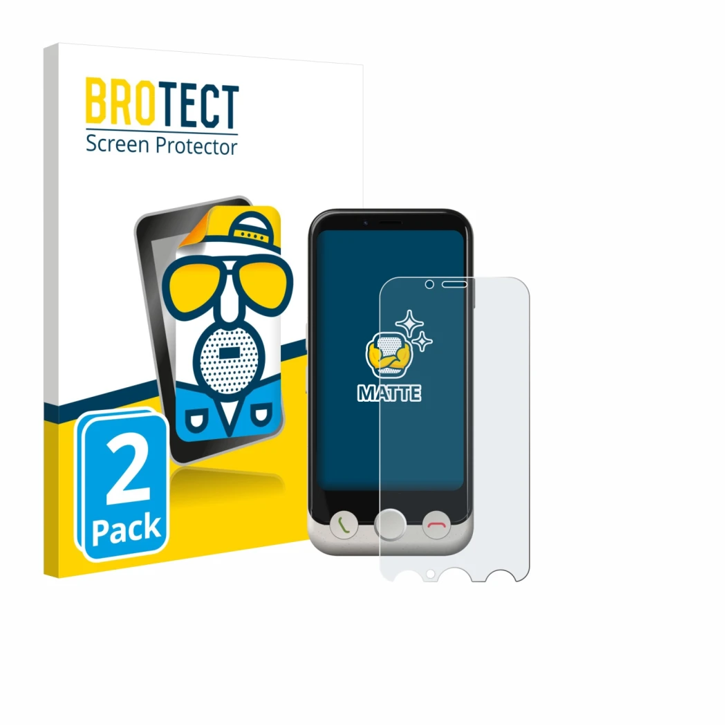 Parte frontal de un envase de producto con el logotipo de la marca BROTECT. Al lado se muestra el dispositivo Doro Aurora A10