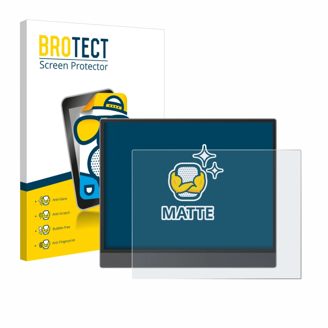 Parte frontal de un envase de producto con el logotipo de la marca BROTECT. Al lado se muestra el dispositivo Boox Tab X C con