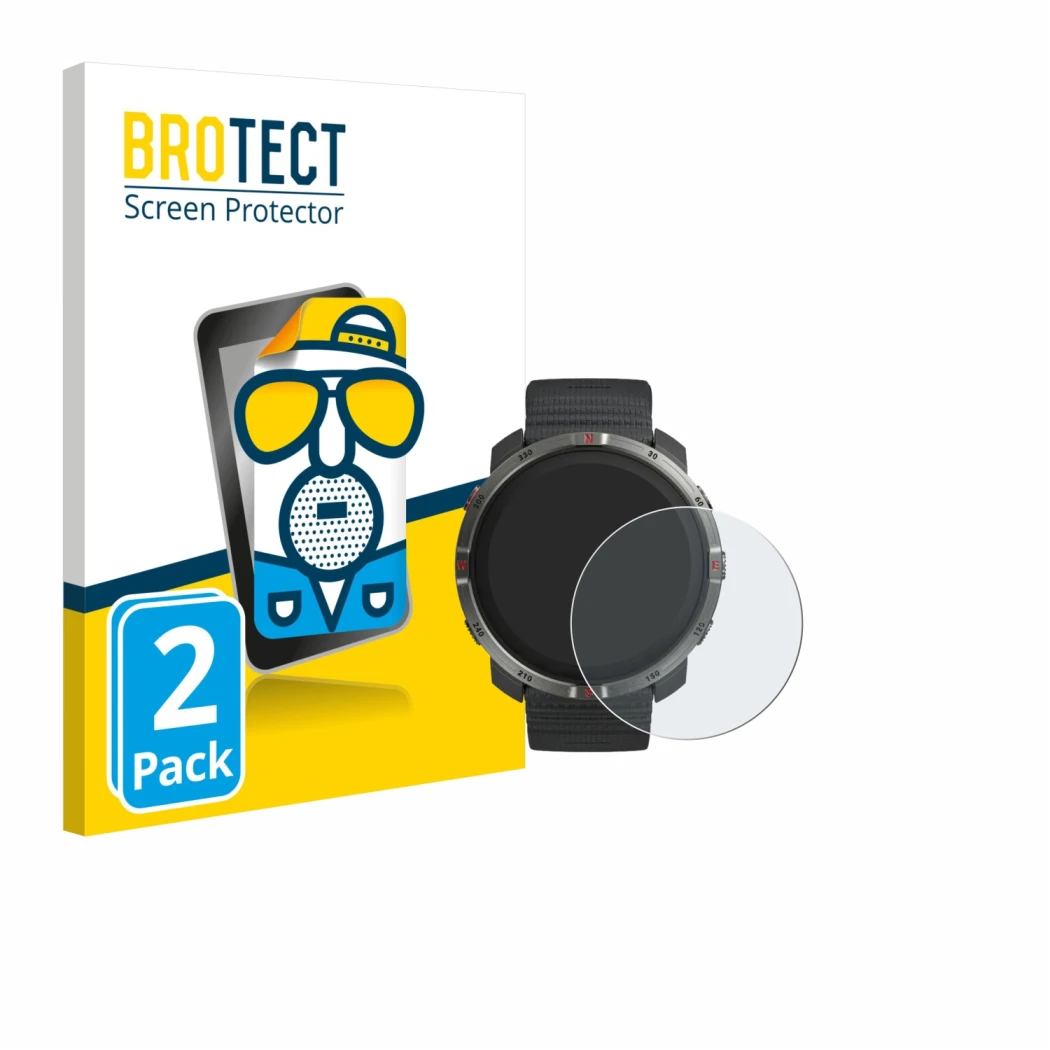 Parte frontal de un envase de producto con el logotipo de la marca BROTECT. Al lado se muestra el dispositivo Polar Grit X2 co