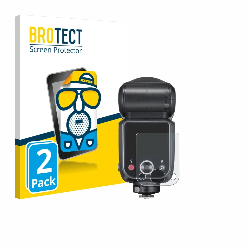 Parte frontal de un envase de producto con el logotipo de la marca BROTECT. Al lado se muestra el dispositivo Godox V100 con s