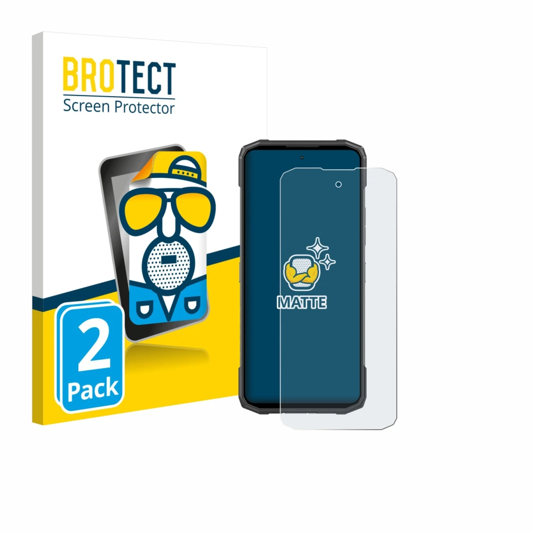 Parte frontal de un envase de producto con el logotipo de la marca BROTECT. Al lado se muestra el dispositivo Doogee Blade 20 