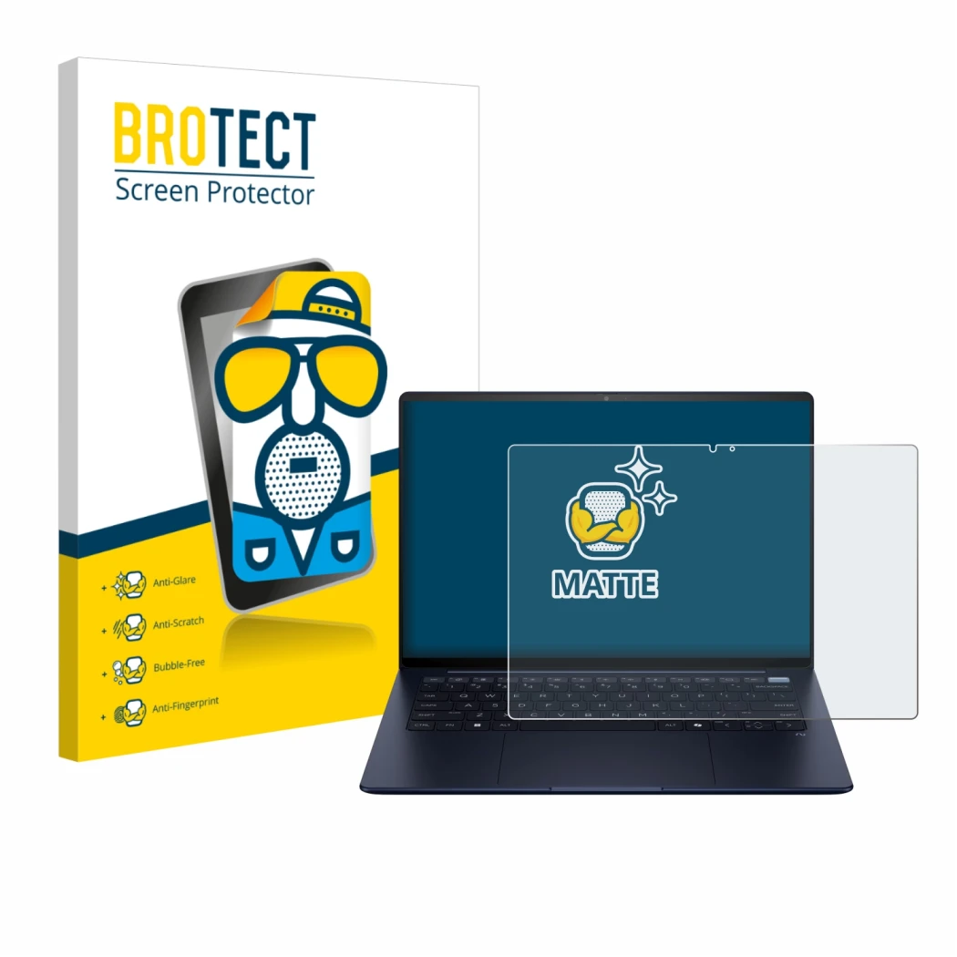 Parte frontal de un envase de producto con el logotipo de la marca BROTECT. Al lado se muestra el dispositivo HP EliteBook Ult