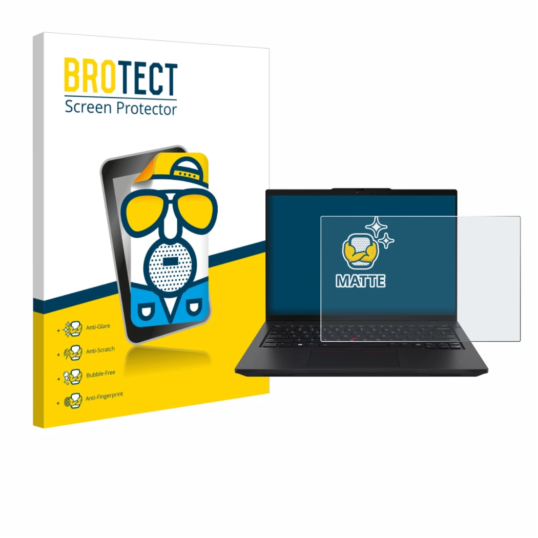 Parte frontal de un envase de producto con el logotipo de la marca BROTECT. Al lado se muestra el dispositivo Lenovo ThinkPad