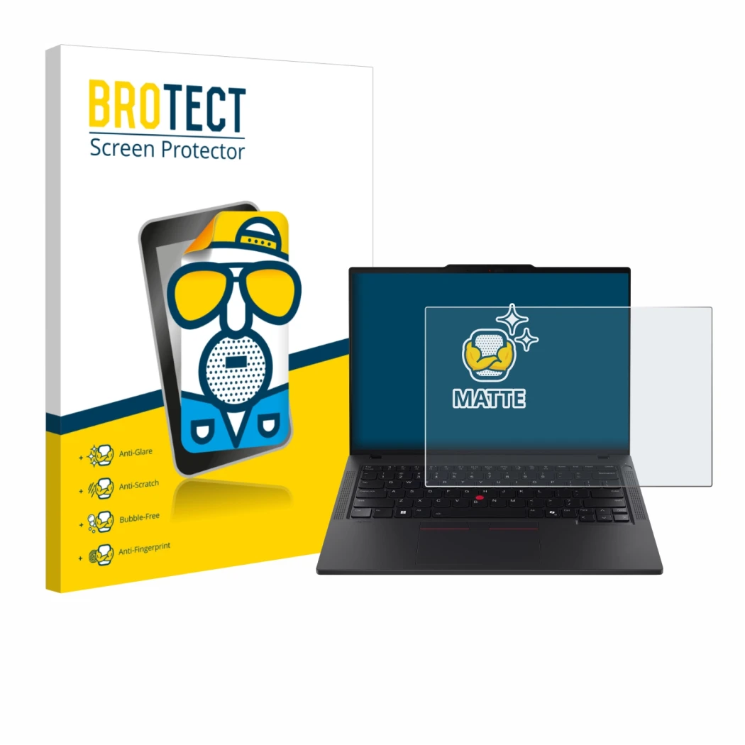 Parte frontal de un envase de producto con el logotipo de la marca BROTECT. Al lado se muestra el dispositivo Lenovo ThinkPad 