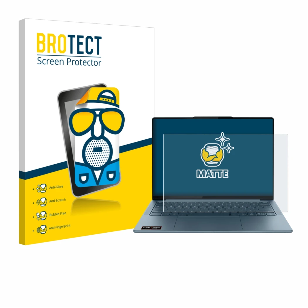 Parte frontal de un envase de producto con el logotipo de la marca BROTECT. Al lado se muestra el dispositivo Lenovo Yoga Slim