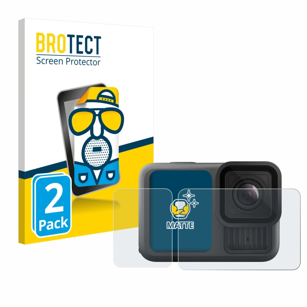 Parte frontal de un envase de producto con el logotipo de la marca BROTECT. Al lado se muestra el dispositivo GoPro Hero 13 Bl